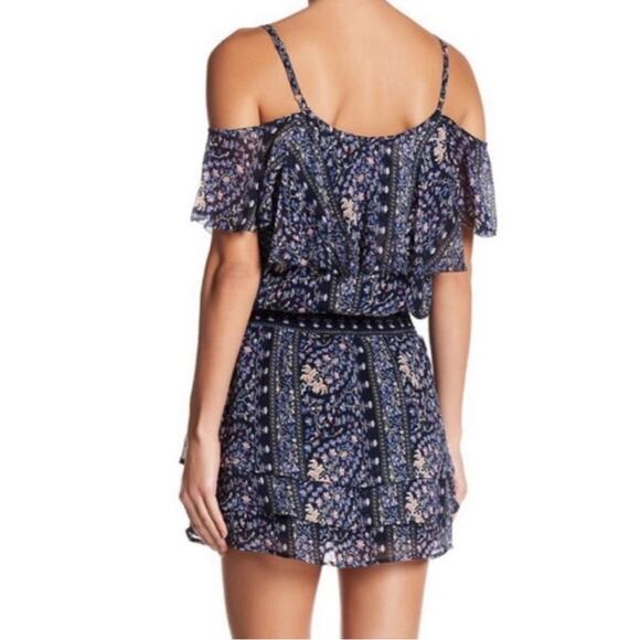 Paige Olympia Cold Shoulder Tiered Silk Mini Dress Boho Navy Floral Size Small - Picture 3 of 11
